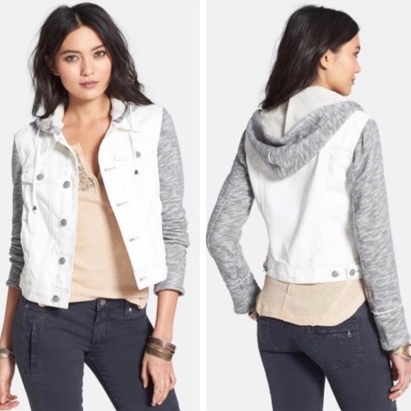 Free People Hybrid Distressed Denim Knit Hooded Jacket GrayWhite Y2K StreetStyle - Picture 1 of 6